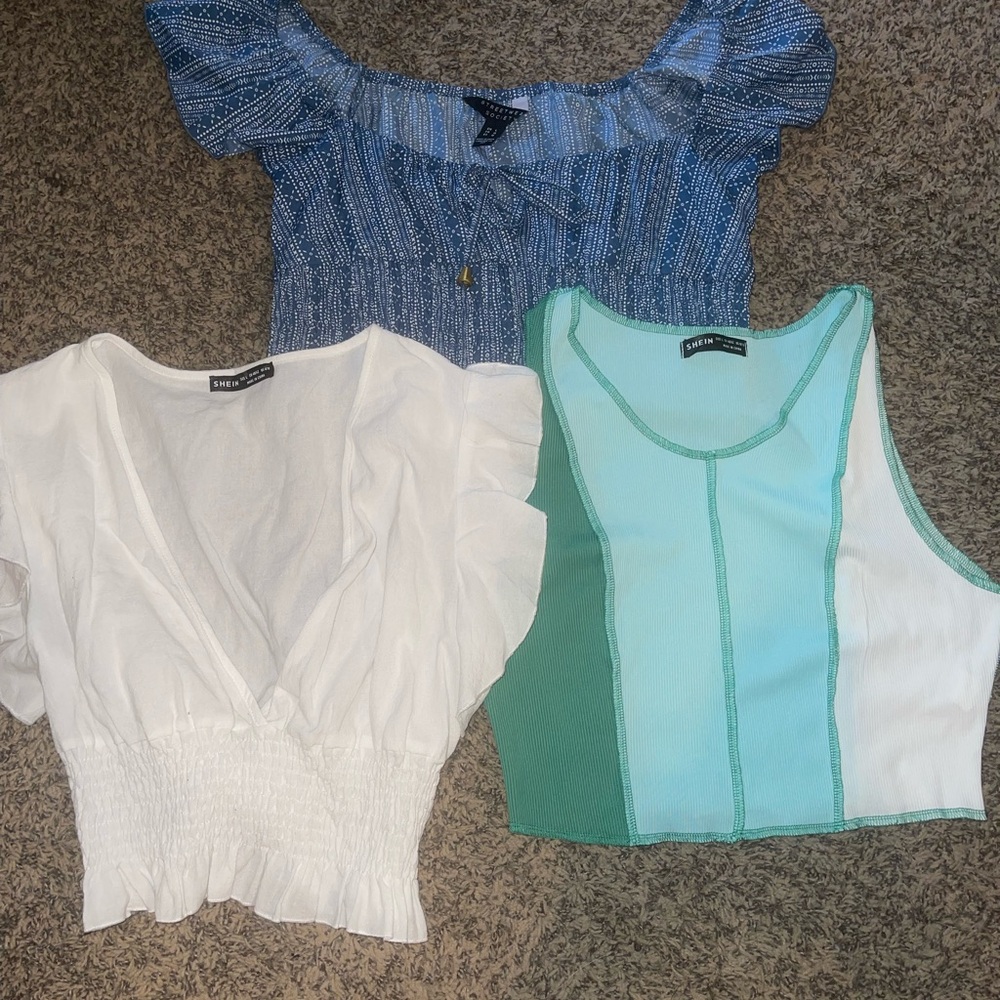 SHEIN Blue, White, and Green Blouse Trio